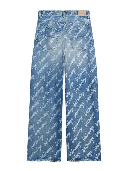 Balenciaga All Over Logo Large Fit Denim Trousers Indigo/White