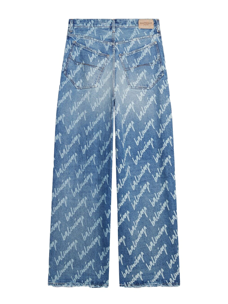 Balenciaga All Over Logo Large Fit Denim Trousers Indigo/White