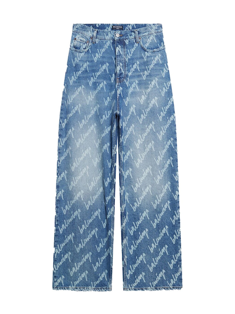 Balenciaga All Over Logo Large Fit Denim Trousers Indigo/White