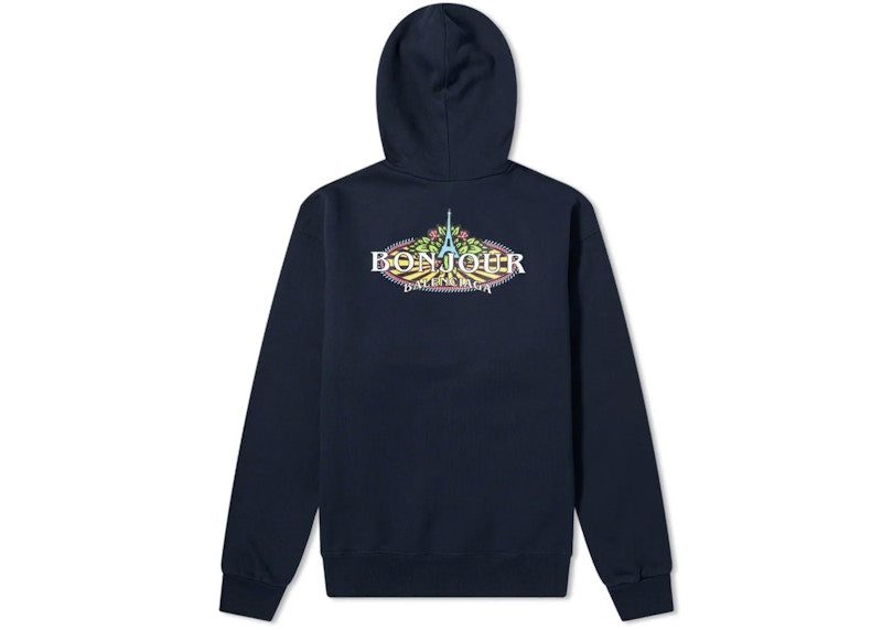Balenciaga Bonjour Logo Popover Hoodie Navy
