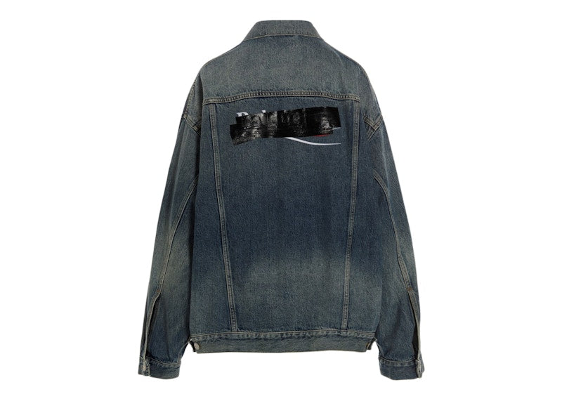 Balenciaga Denim Oversized Censored Logo Embroidery Patch Jacket Blue