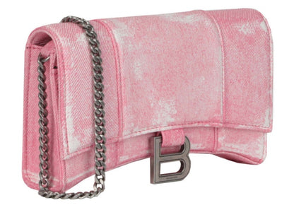 Balenciaga Denim Print Hourglass Wallet On A Chain Pink