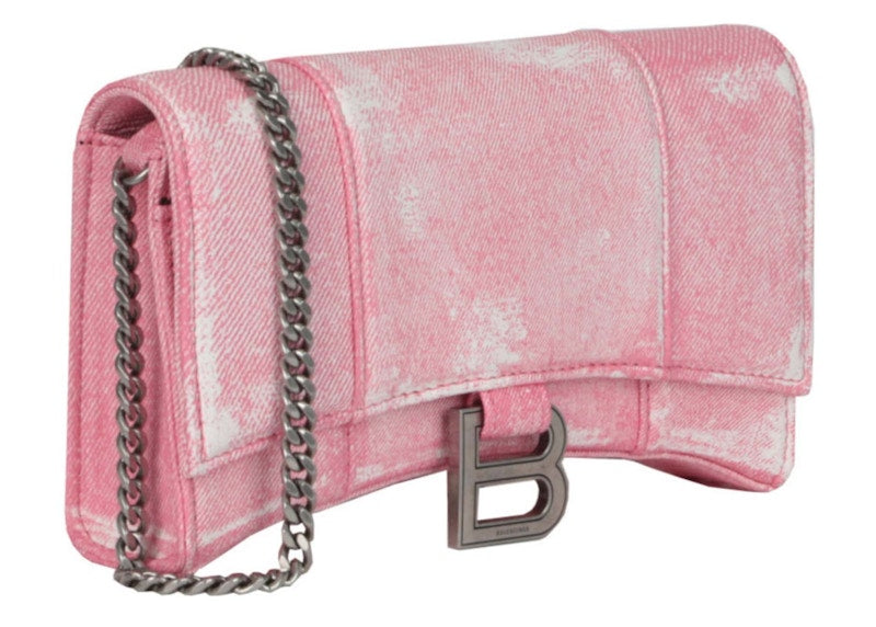 Balenciaga Denim Print Hourglass Wallet On A Chain Pink