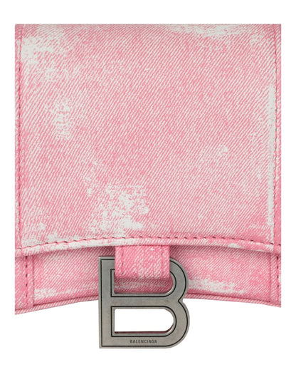 Balenciaga Denim Print Hourglass Wallet On A Chain Pink