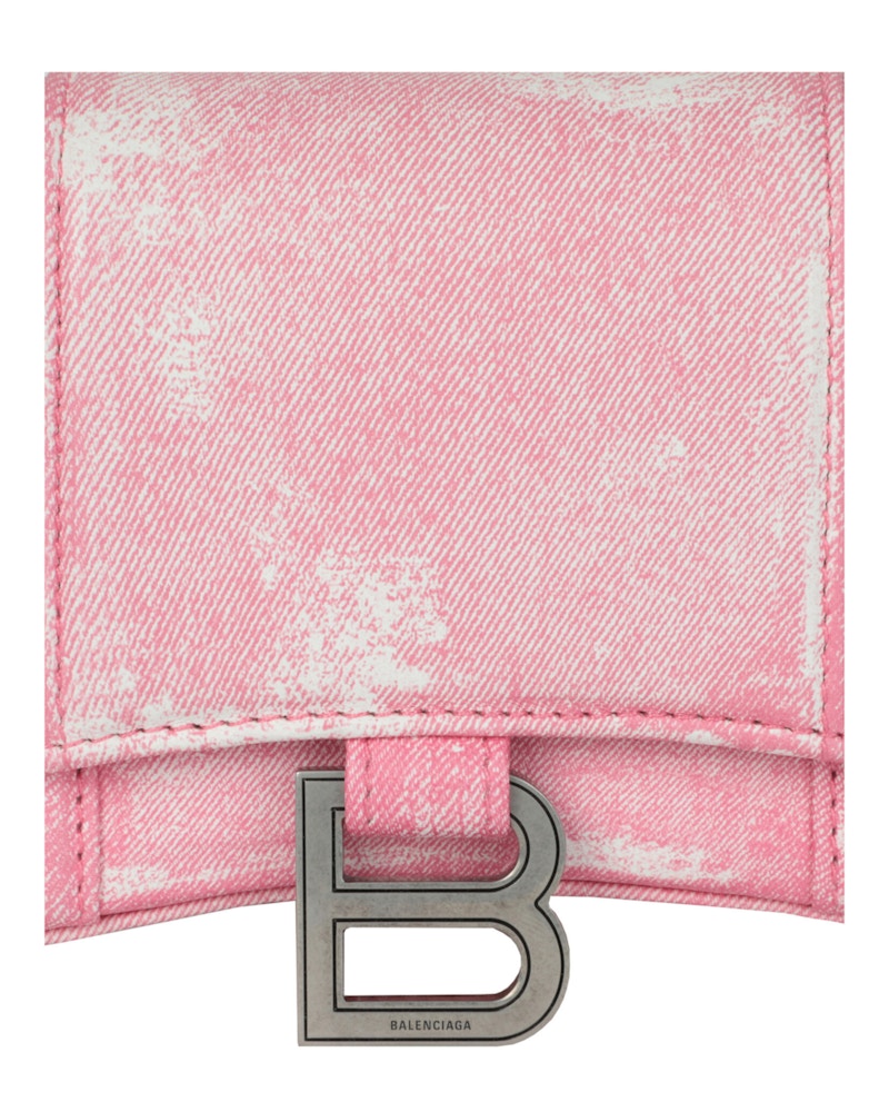 Balenciaga Denim Print Hourglass Wallet On A Chain Pink