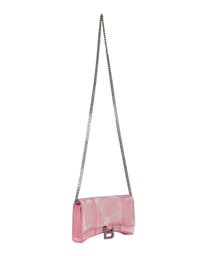 Balenciaga Denim Print Hourglass Wallet On A Chain Pink