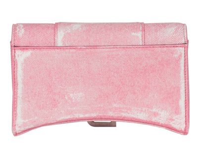 Balenciaga Denim Print Hourglass Wallet On A Chain Pink