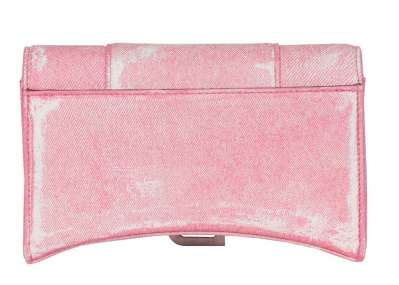 Balenciaga Denim Print Hourglass Wallet On A Chain Pink