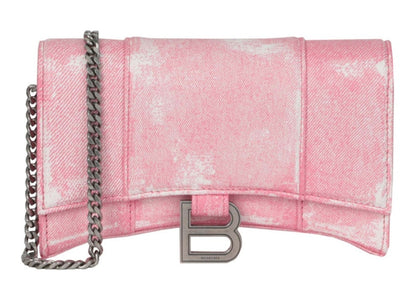 Balenciaga Denim Print Hourglass Wallet On A Chain Pink