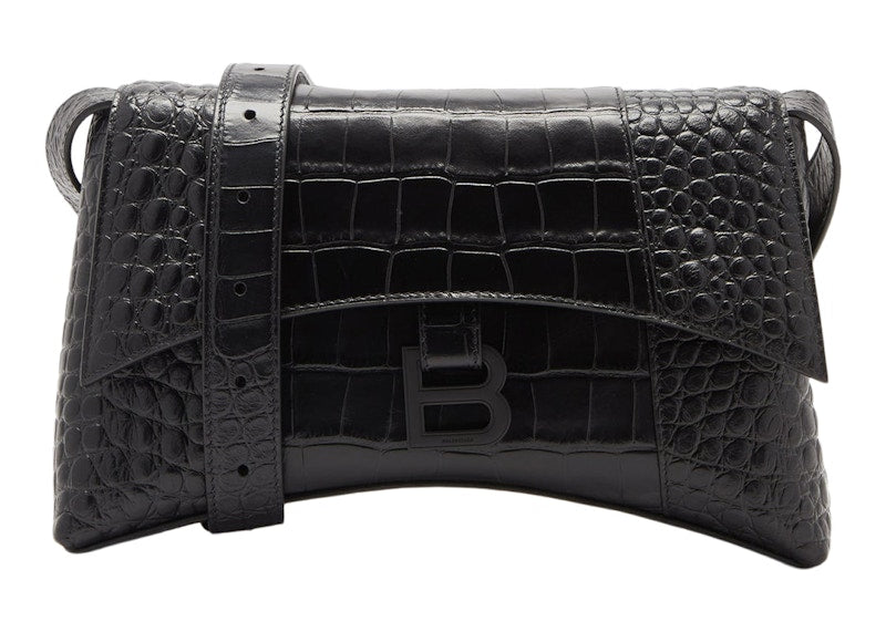 Balenciaga Downtown Shoulder Bag XS Crocodile Embossed Black/Black