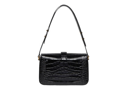 Balenciaga Flap Shoulder Bag Small Crocodile Embossed Black