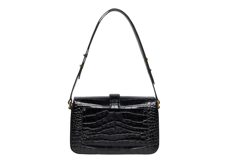 Balenciaga Flap Shoulder Bag Small Crocodile Embossed Black