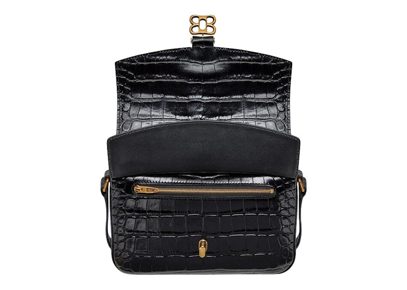 Balenciaga Flap Shoulder Bag Small Crocodile Embossed Black