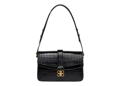 Balenciaga Flap Shoulder Bag Small Crocodile Embossed Black
