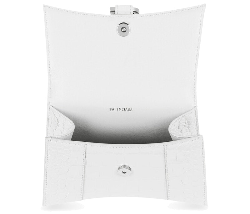 Balenciaga Hourglass Crocodile Embossed Top Handle Bag XS White