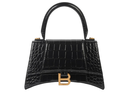 Balenciaga Hourglass Small Top Handle Bag Crocodile Embossed Black