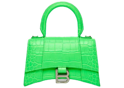 Balenciaga Hourglass Top Handle Bag Extra Small Crocodile Embossed Fluo Green