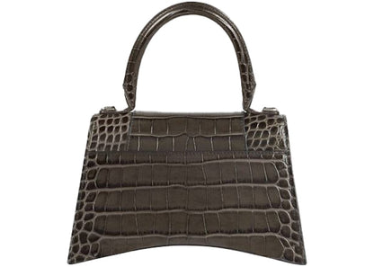 Balenciaga Hourglass Top Handle Bag Small Crocodile Embossed Dark Grey