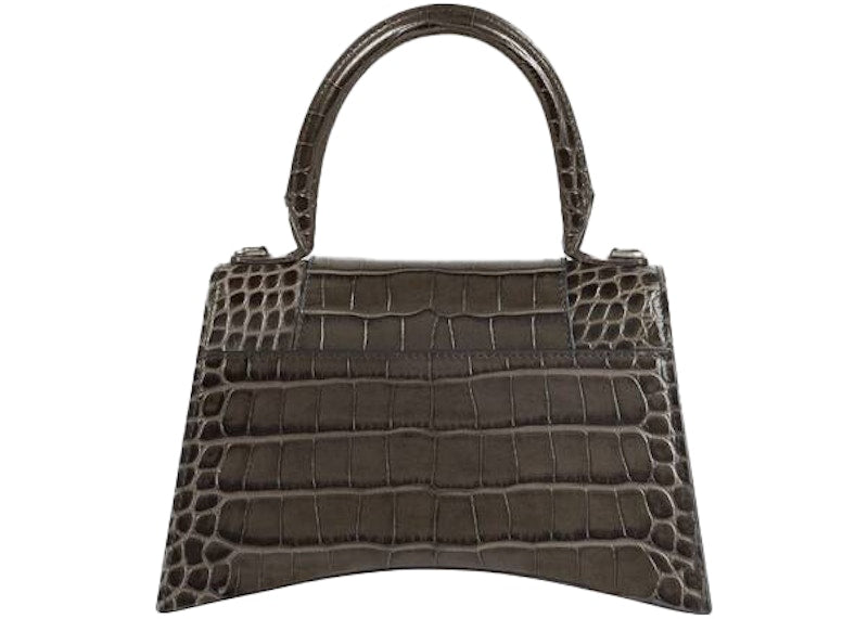 Balenciaga Hourglass Top Handle Bag Small Crocodile Embossed Dark Grey