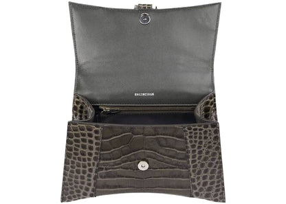 Balenciaga Hourglass Top Handle Bag Small Crocodile Embossed Dark Grey