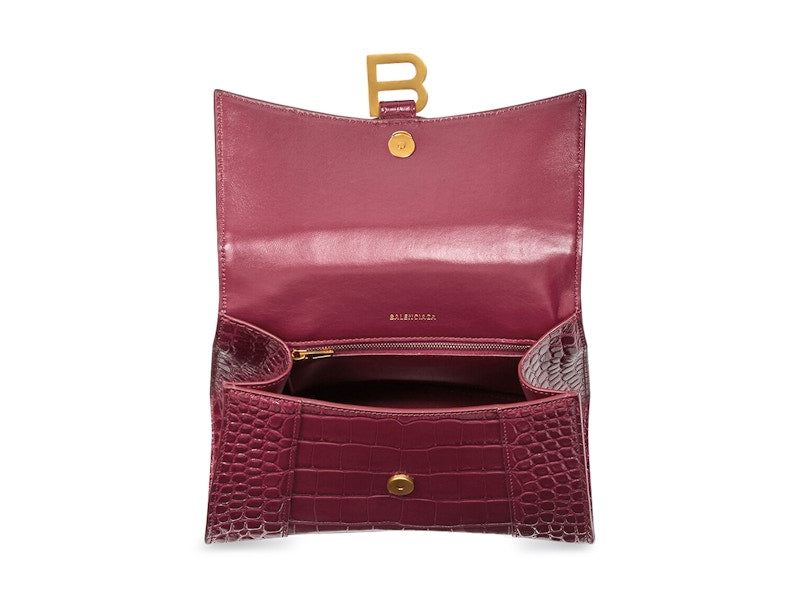 Balenciaga Hourglass Top Handle Small Crocodile Embossed Bright Red