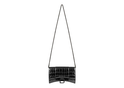 Balenciaga Hourglass Wallet On Chain Crocodile Embossed Black