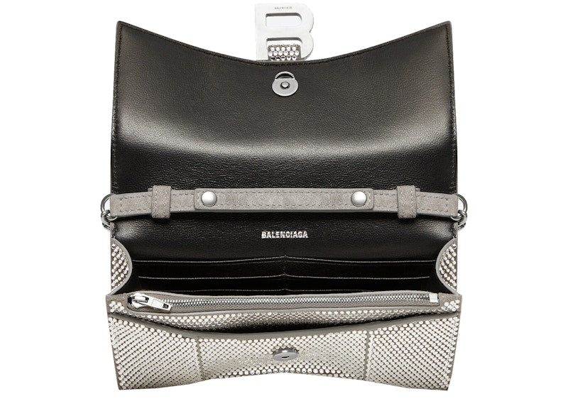 Balenciaga Hourglass Wallet With Chain XS Rhinestone Grey