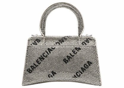 Balenciaga Hourglass XS Handbag With Chain and Allover Logo Rhinestones Black