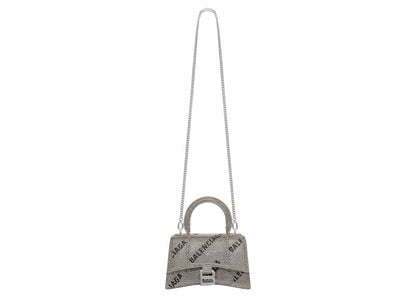 Balenciaga Hourglass XS Handbag With Chain and Allover Logo Rhinestones Black