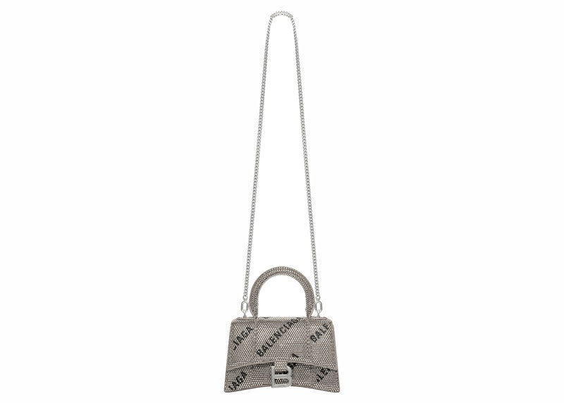 Balenciaga Hourglass XS Handbag With Chain and Allover Logo Rhinestones Black