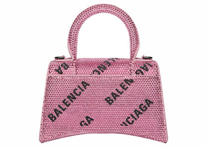 Balenciaga Hourglass XS Handbag With Chain and Allover Logo Rhinestones Pink/Black