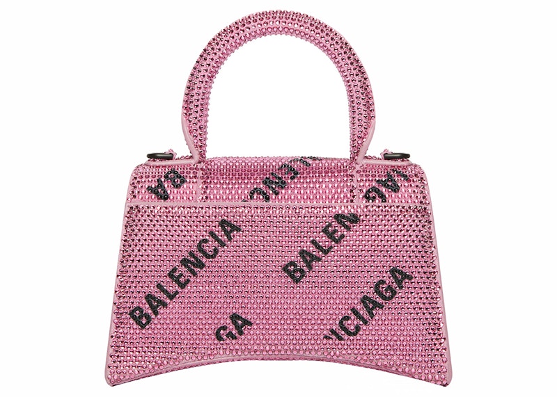 Balenciaga Hourglass XS Handbag With Chain and Allover Logo Rhinestones Pink/Black