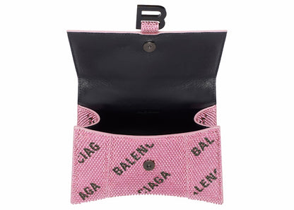 Balenciaga Hourglass XS Handbag With Chain and Allover Logo Rhinestones Pink/Black