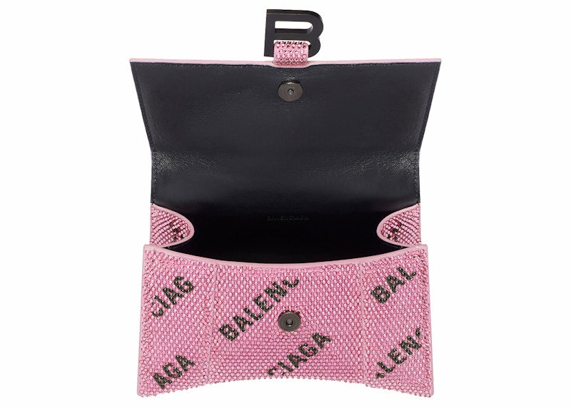 Balenciaga Hourglass XS Handbag With Chain and Allover Logo Rhinestones Pink/Black