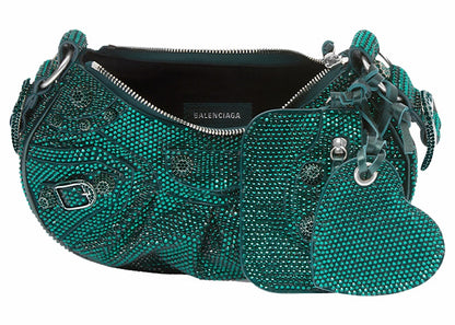 Balenciaga Le Cagole Shoulder Bag XS Green Suede with Rhinestones