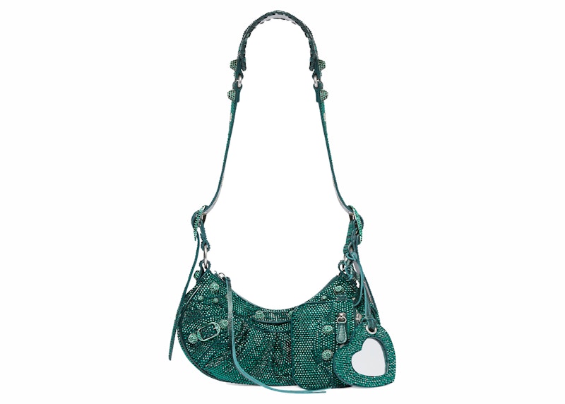 Balenciaga Le Cagole Shoulder Bag XS Green Suede with Rhinestones