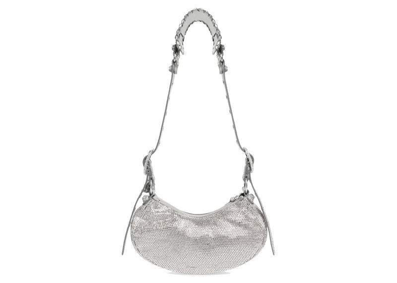 Balenciaga Le Cagole Shoulder Bag XS Grey Suede with Rhinestones