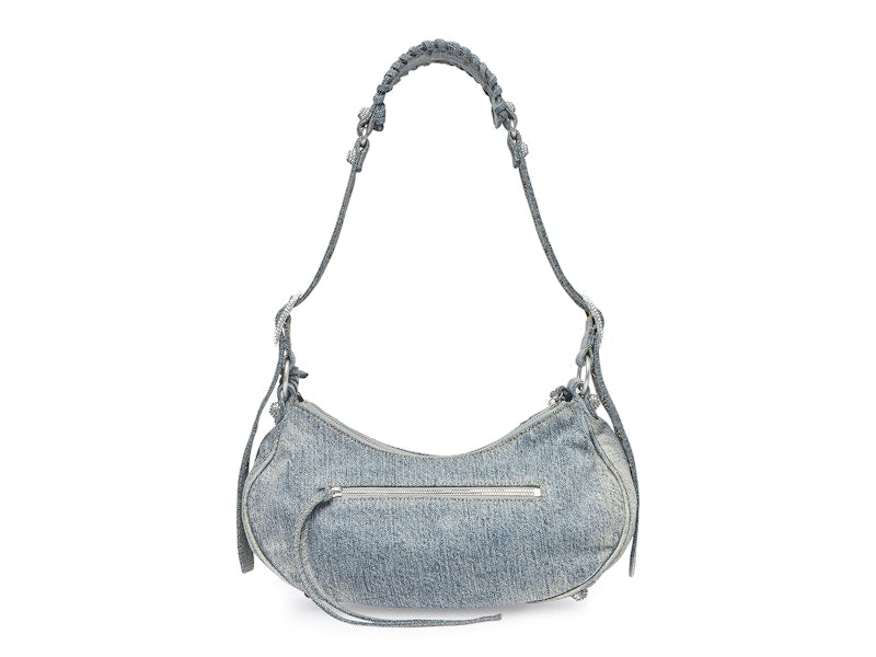 Balenciaga Le Cagole Shoulder Bag Small Blue Denim Wash with Rhinestones