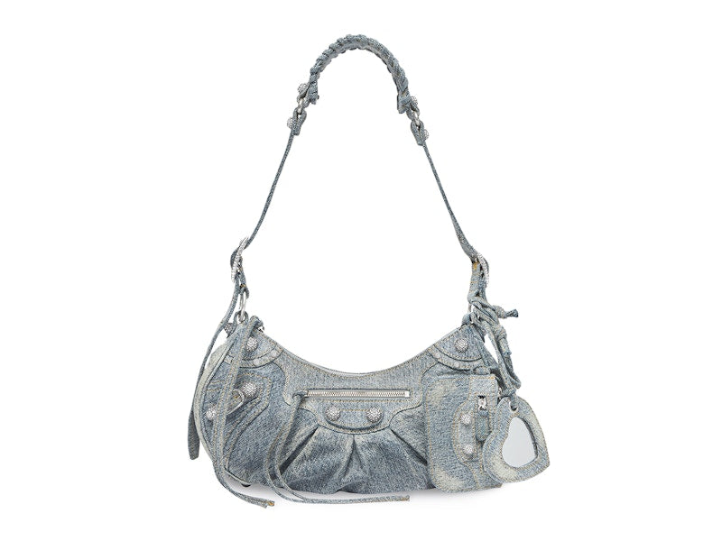 Balenciaga Le Cagole Shoulder Bag Small Blue Denim Wash with Rhinestones