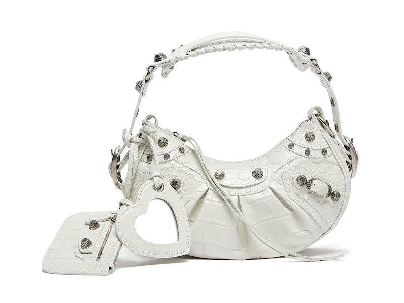 Balenciaga Le Cagole Shoulder Bag XS Crocodile Embossed White