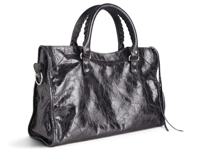 Balenciaga Le City Medium Bag In Steel Grey Metallized Arena Lambskin Shiny Silver Hardware Steel Grey (7977862AA9R1314)