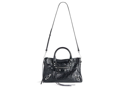 Balenciaga Le City Small Bag In Black Arena Lambskin Shiny Silver Hardware Black (8114422AA9S1000)