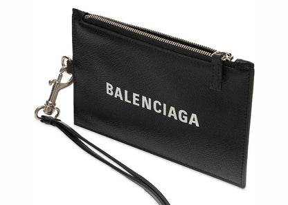 Balenciaga Logo Leather Passport Holder Lanyard Black