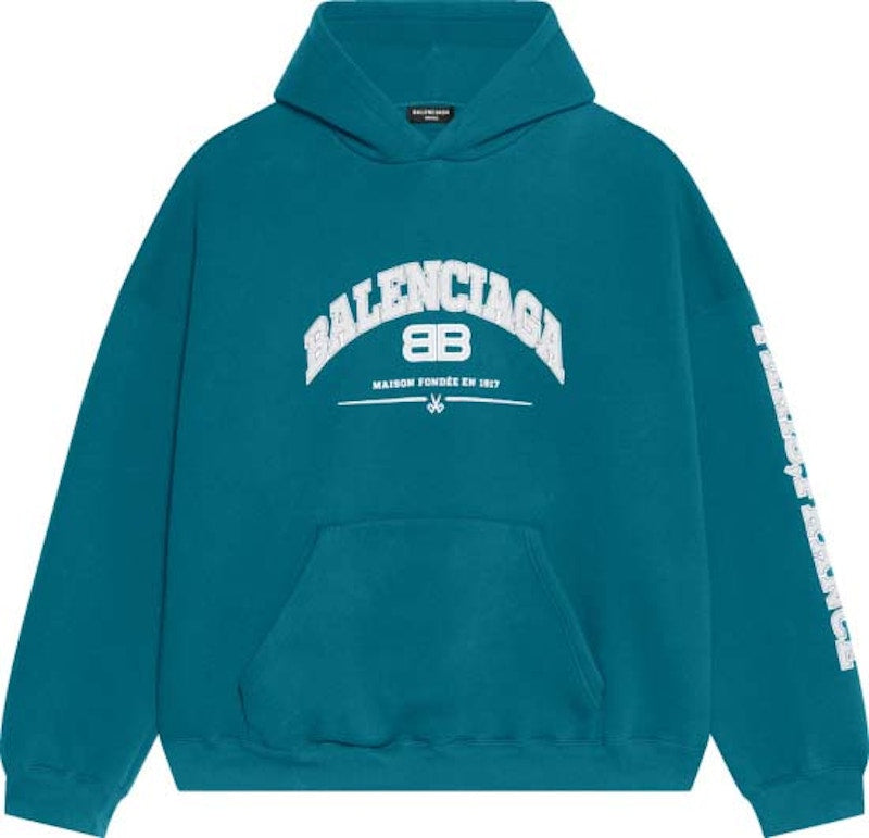 Balenciaga Logo-Print Maison Hooded Sweatshirt Petrol Blue