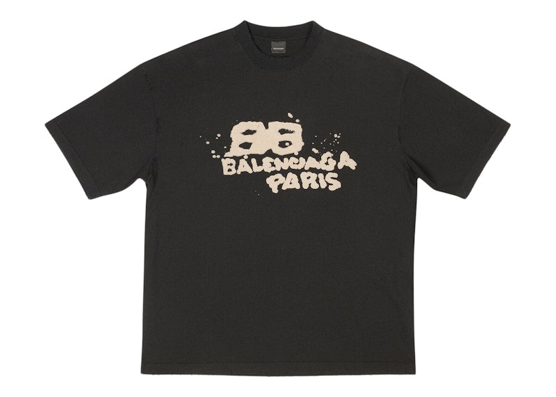 Balenciaga Men's Hand Drawn BB Icon Medium Fit Vintage T-Shirt Black/Beige