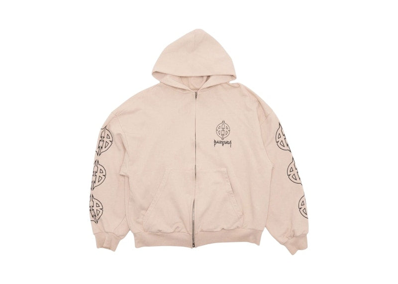 Balenciaga Metal BB Stencil Zip Up Hoodie Beige