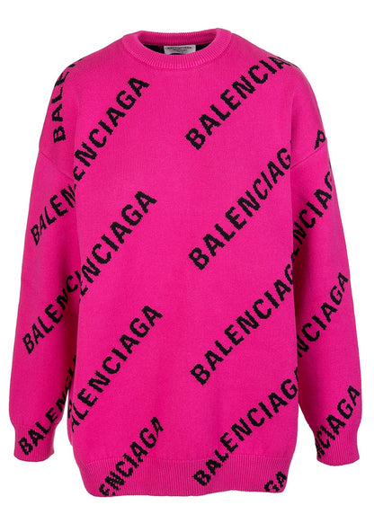 Balenciaga Oversized Intarsia All Over Logo Crewneck Pink Black