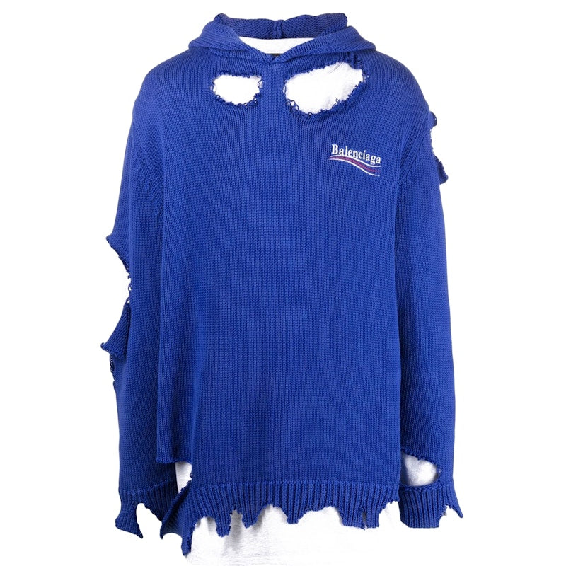 Balenciaga Political Campaign Destroyed Knit Hoodie Blue