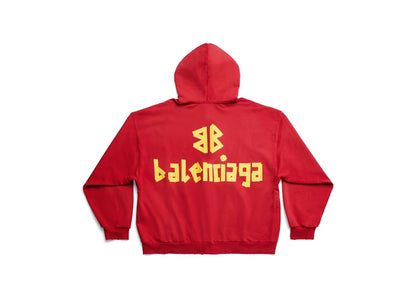 Balenciaga Tape Type Ripped Pocket Zip-Up Large Fit Hoodie Red