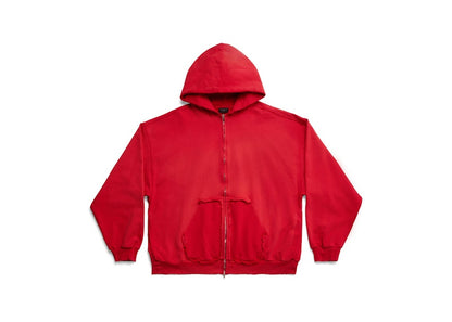 Balenciaga Tape Type Ripped Pocket Zip-Up Large Fit Hoodie Red